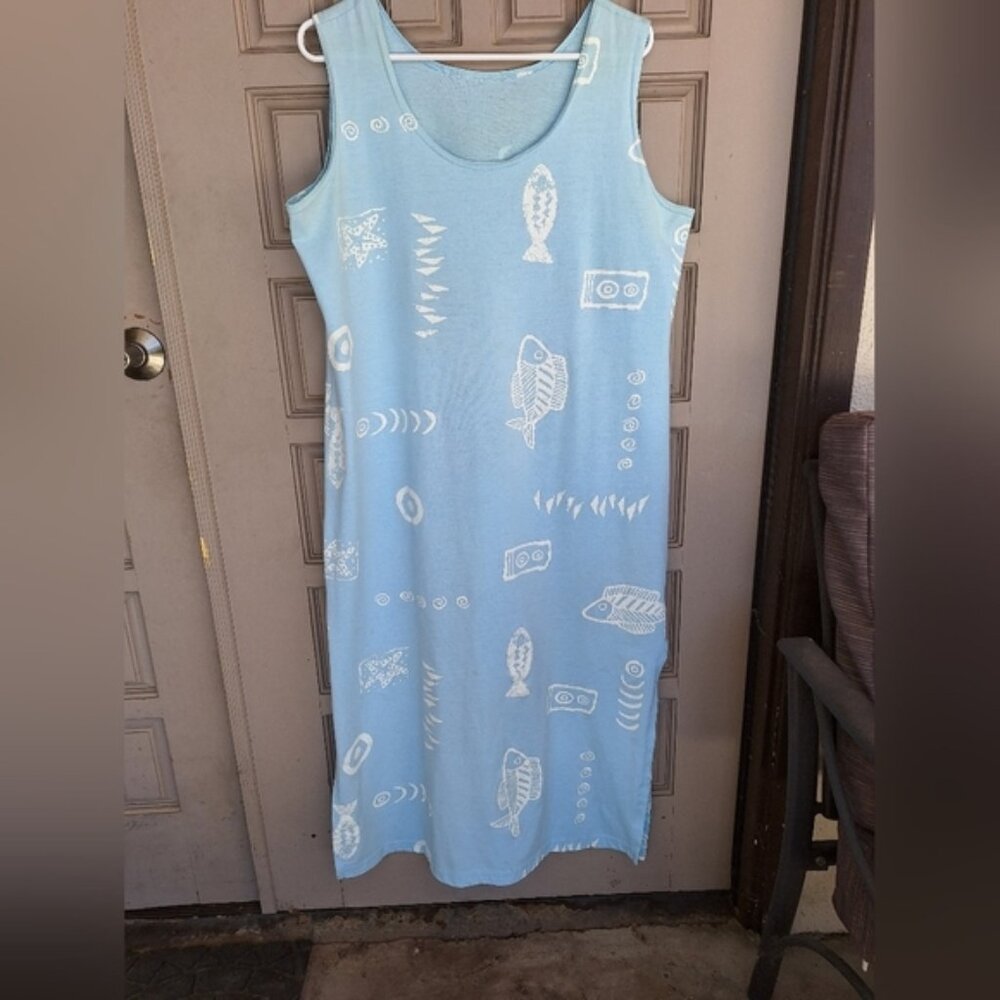 Midi Fish Print Tank Dress Cotton Comfy SzXL Pale Blue/White Deep Side Slit